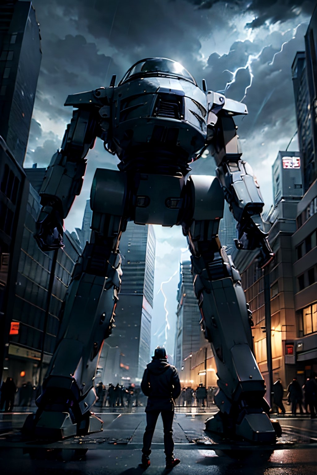 Ed-209, Standing menacing,  futuristic city, cloudy sky, lightning, crowds, cars, 