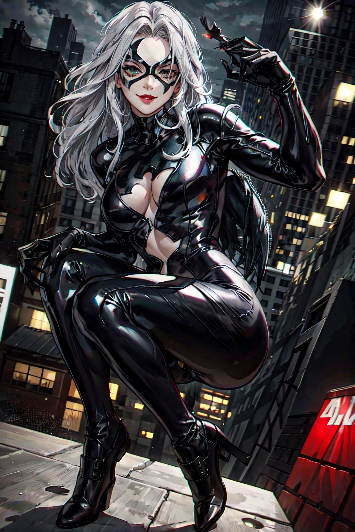 MarvelBlackCat, facial portrait, sexy stare, smirked, on top of building, city below, cloudy sky, plane, vulture, green goblin, 