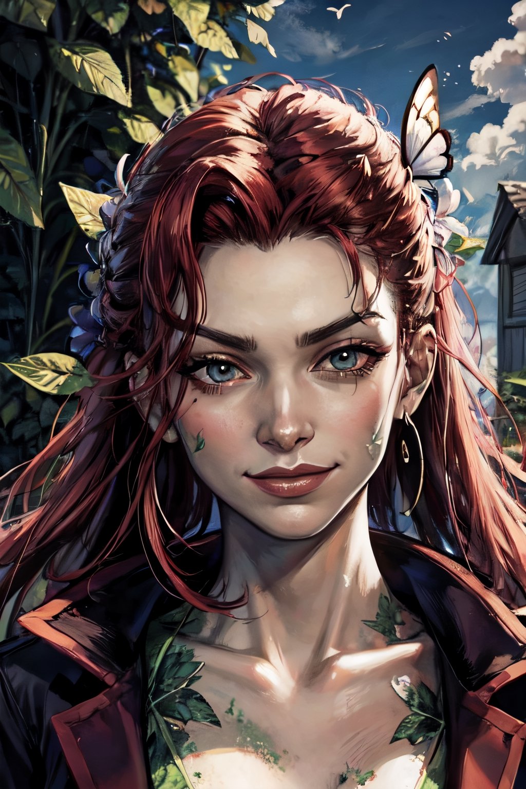 Poison Ivy, facial portrait, sexy stare, smirked, greenhouse, cloudy sky, butterflies, 