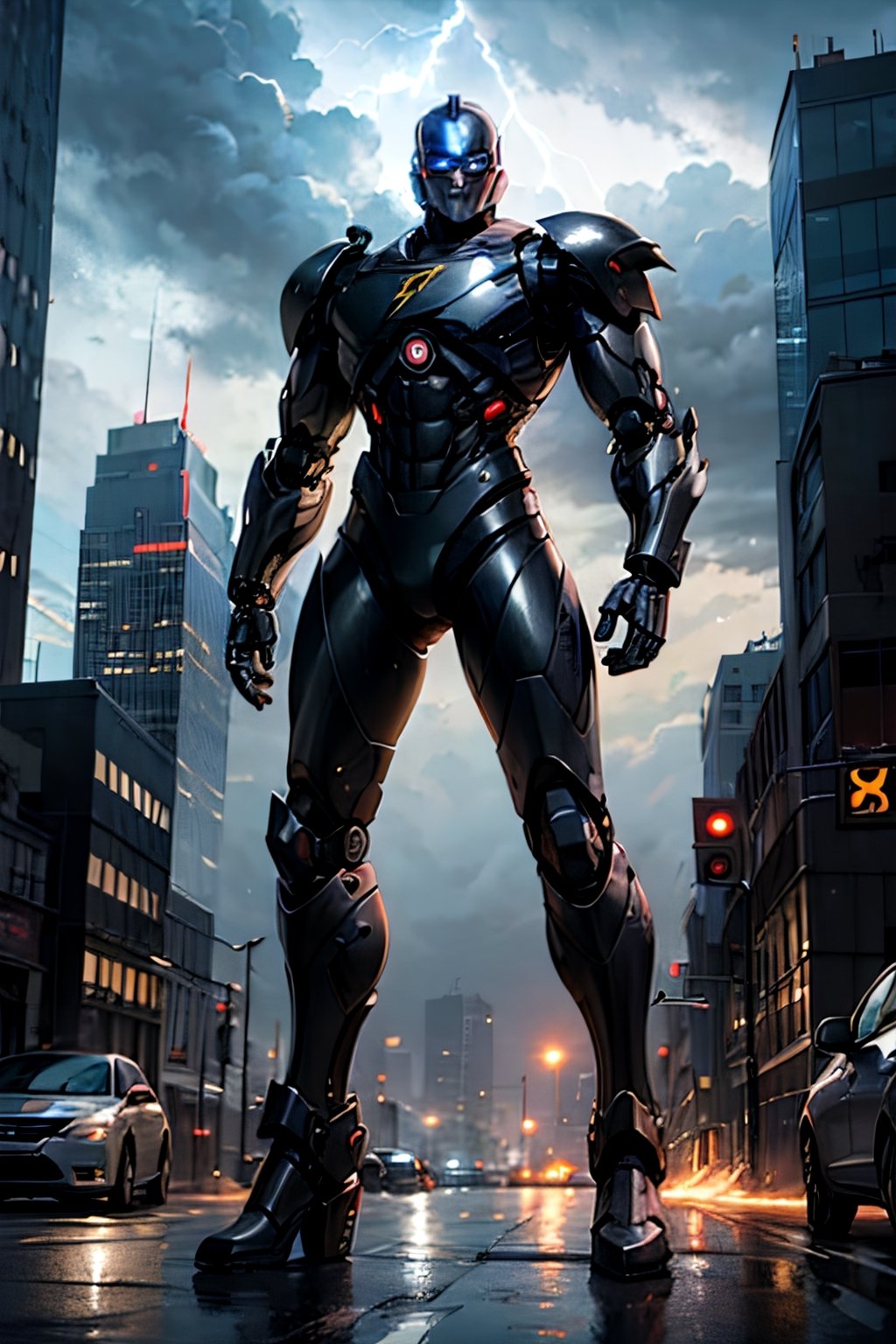 Robocop fighting Terminator, full body, Standing menacing, futuristic city, cloudy sky, lightning, crowds, cars 