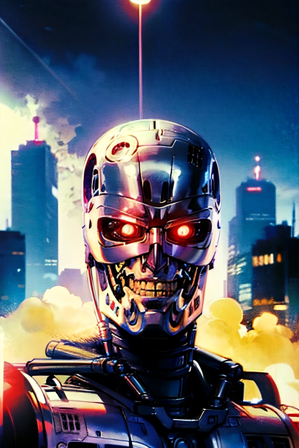 Robocop vs. Terminator, facial portrait, smirked, futuristic city, cloudy sky, lightning, crowds, cars, ,T800Endoskeleton