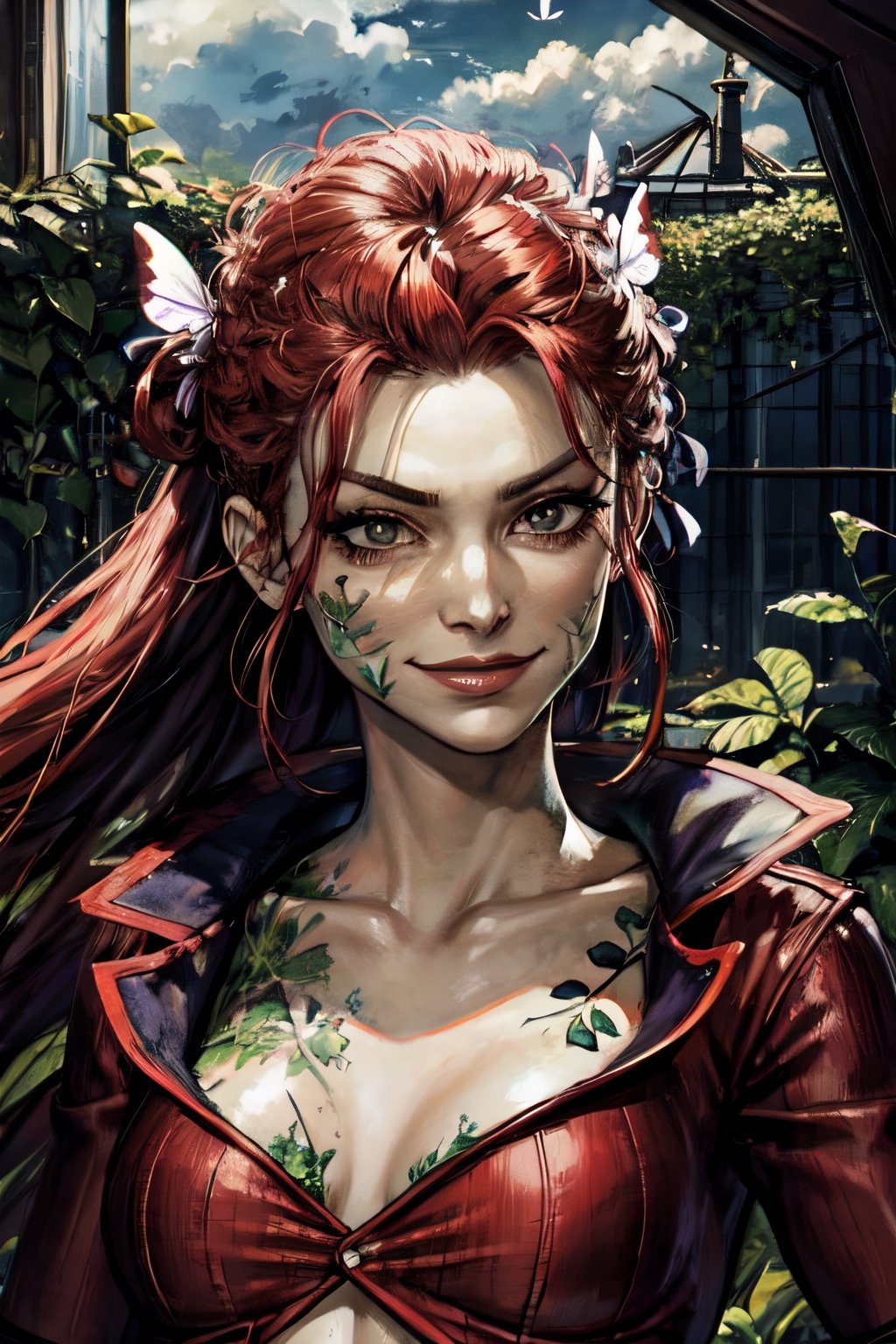 Poison Ivy, facial portrait, sexy stare, smirked, greenhouse, cloudy sky, butterflies, 