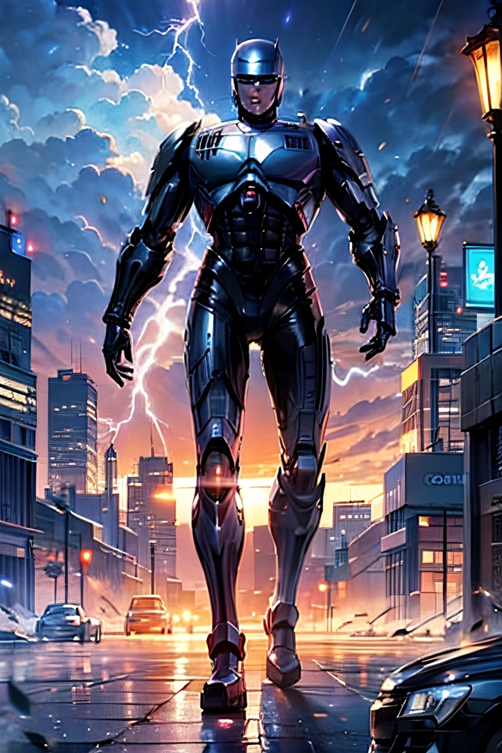 Robocop, full body, futuristic city, cloudy sky, lightning, crowds, cars, 