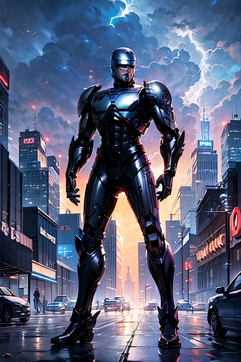 Robocop, full body, futuristic city, cloudy sky, lightning, crowds, cars, 