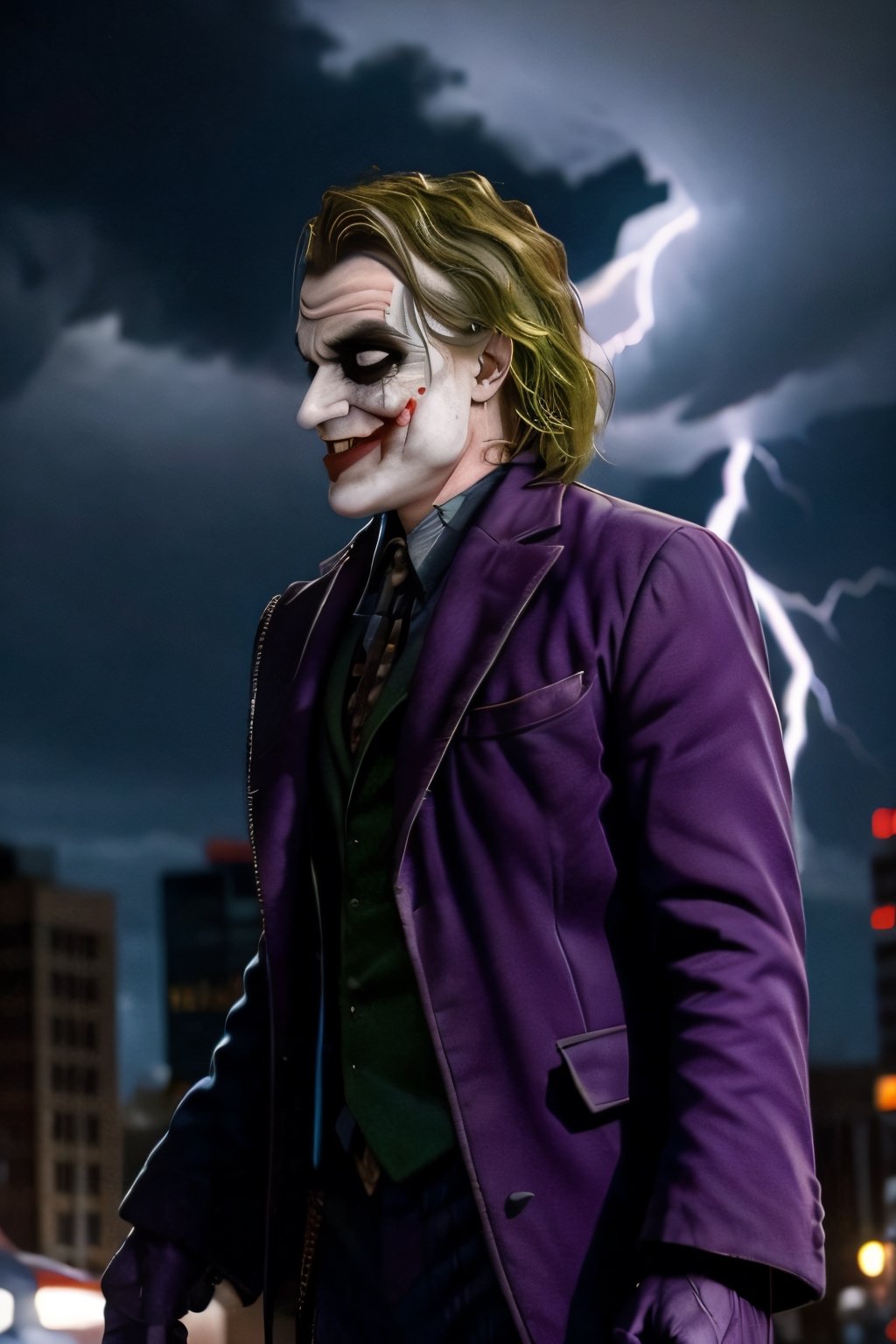 Joker and Harley Quinn, facial portrait, sexy stare, smirked, walking through the streets, gotham city, crowds, cars, cloudy sky, lightning, bats, ,CARTOON_harley_quinn_rebirth_ownwaifu, smiling 