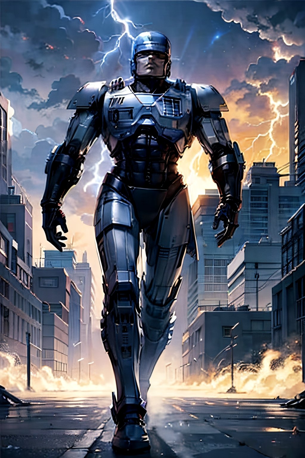 Robocop, facial portrait, smirked, walking through the futuristic city,  cloudy sky, lightning, fighting ed-209, 