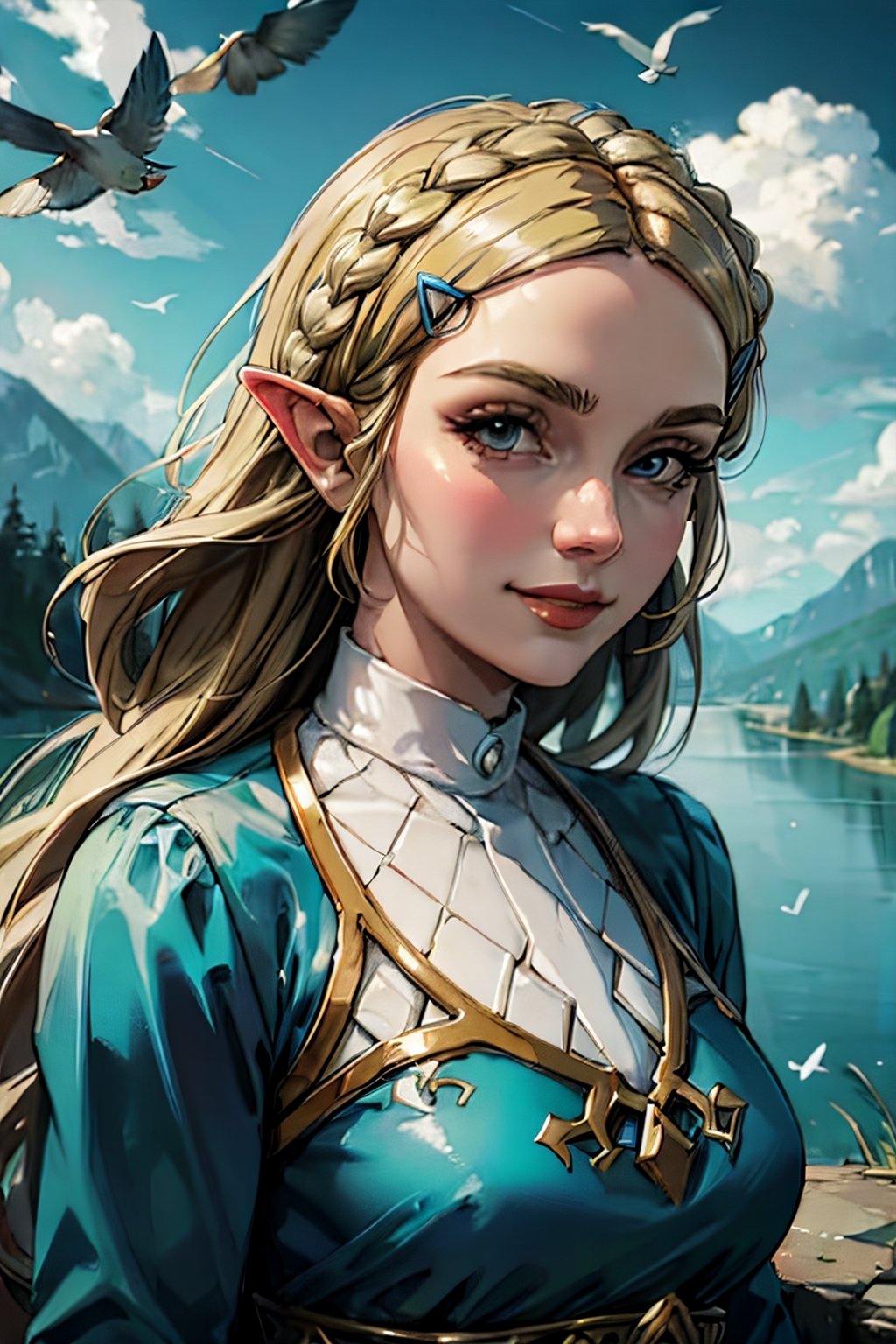 princess_zelda_aiwaifu, facial portrait, sexy stare, smirked, on top of hill, forest below, lake shore, cloudy sky, birds flying, from behind 