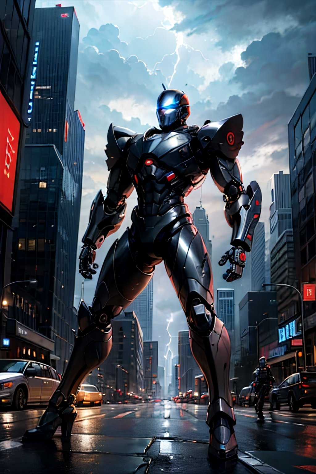 Robocop fighting Terminator, full body, Standing menacing, futuristic city, cloudy sky, lightning, crowds, cars 