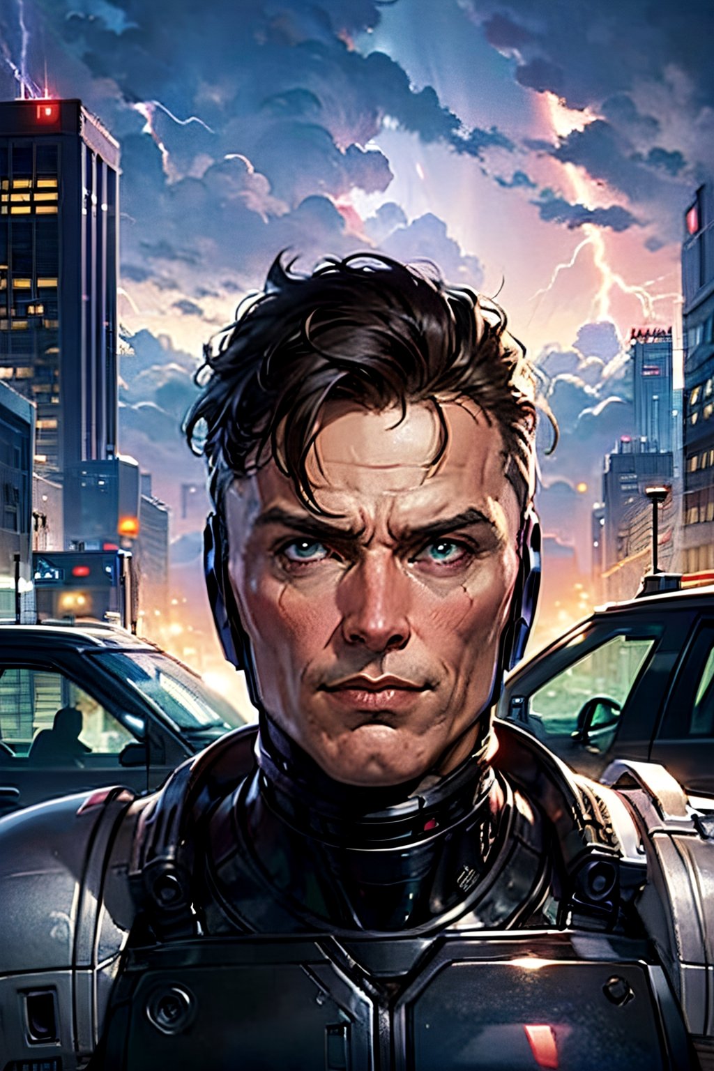 Robocop, facial portrait, smirked, futuristic city, cloudy sky, lightning, crowds, cars, 