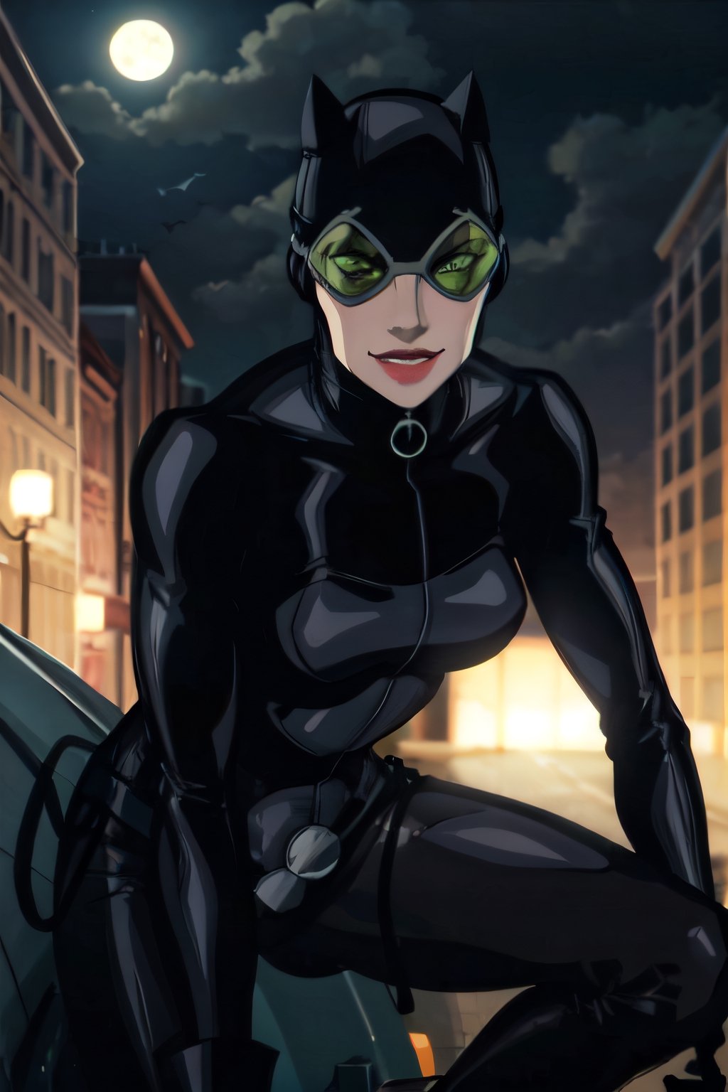 CARTOON_catwoman_masked_ownwaifu, facial portrait, sexy stare, smirked, on top of building, cloudy sky, full moon, streets below, bats flying, crouched 