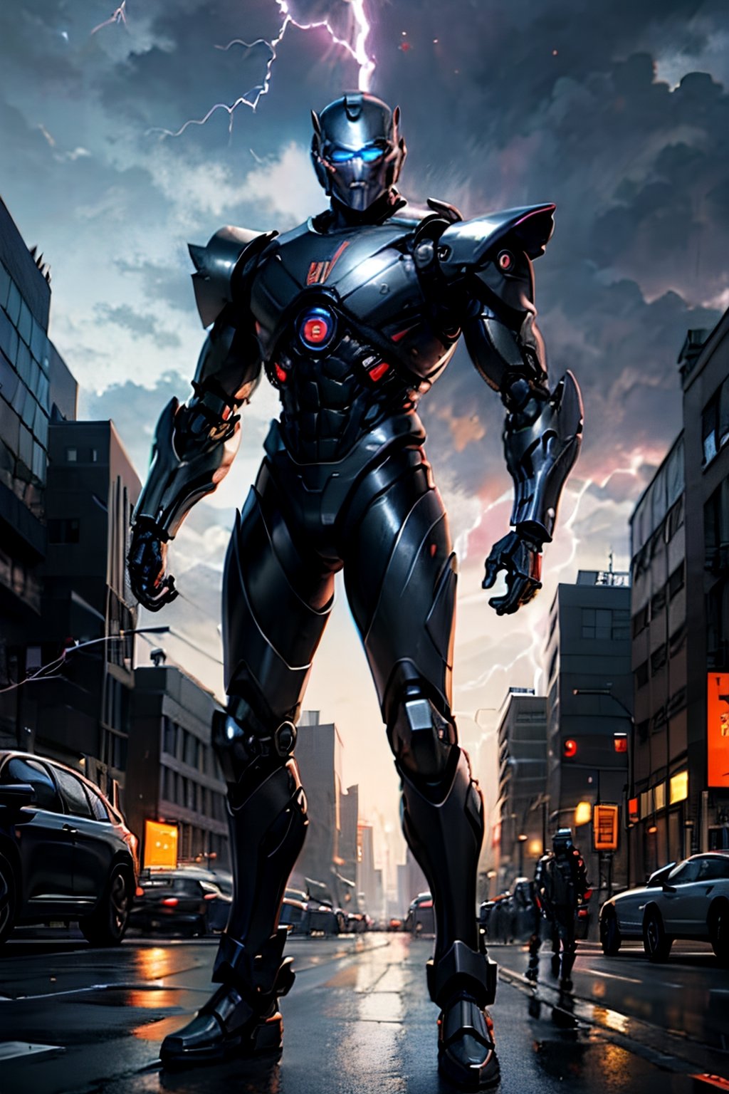 Robocop fighting Terminator, full body, Standing menacing, futuristic city, cloudy sky, lightning, crowds, cars 