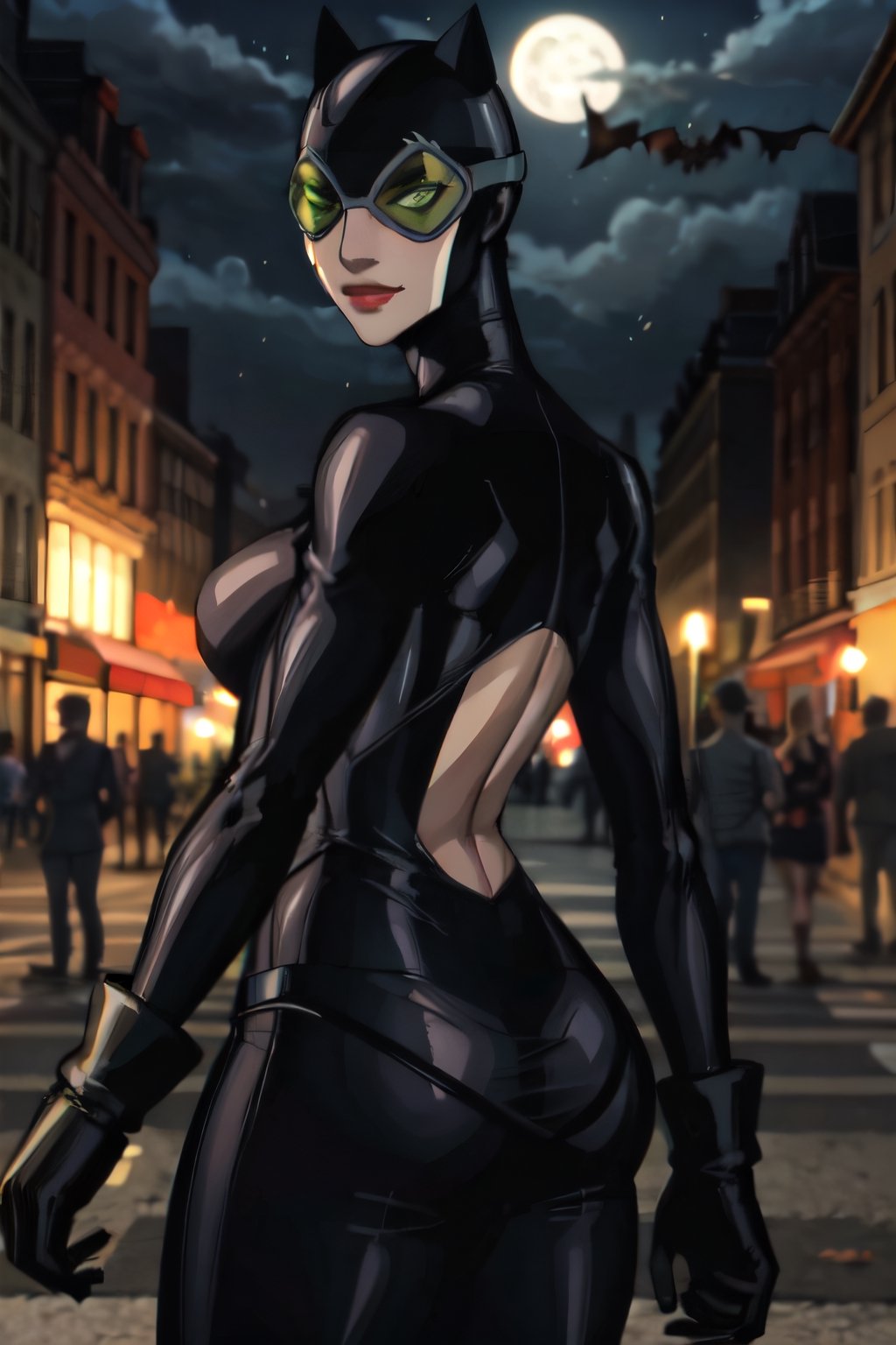 CARTOON_catwoman_masked_ownwaifu, facial portrait, sexy stare, smirked, on top of building, cloudy sky, full moon, streets below, bats flying, butt shot 