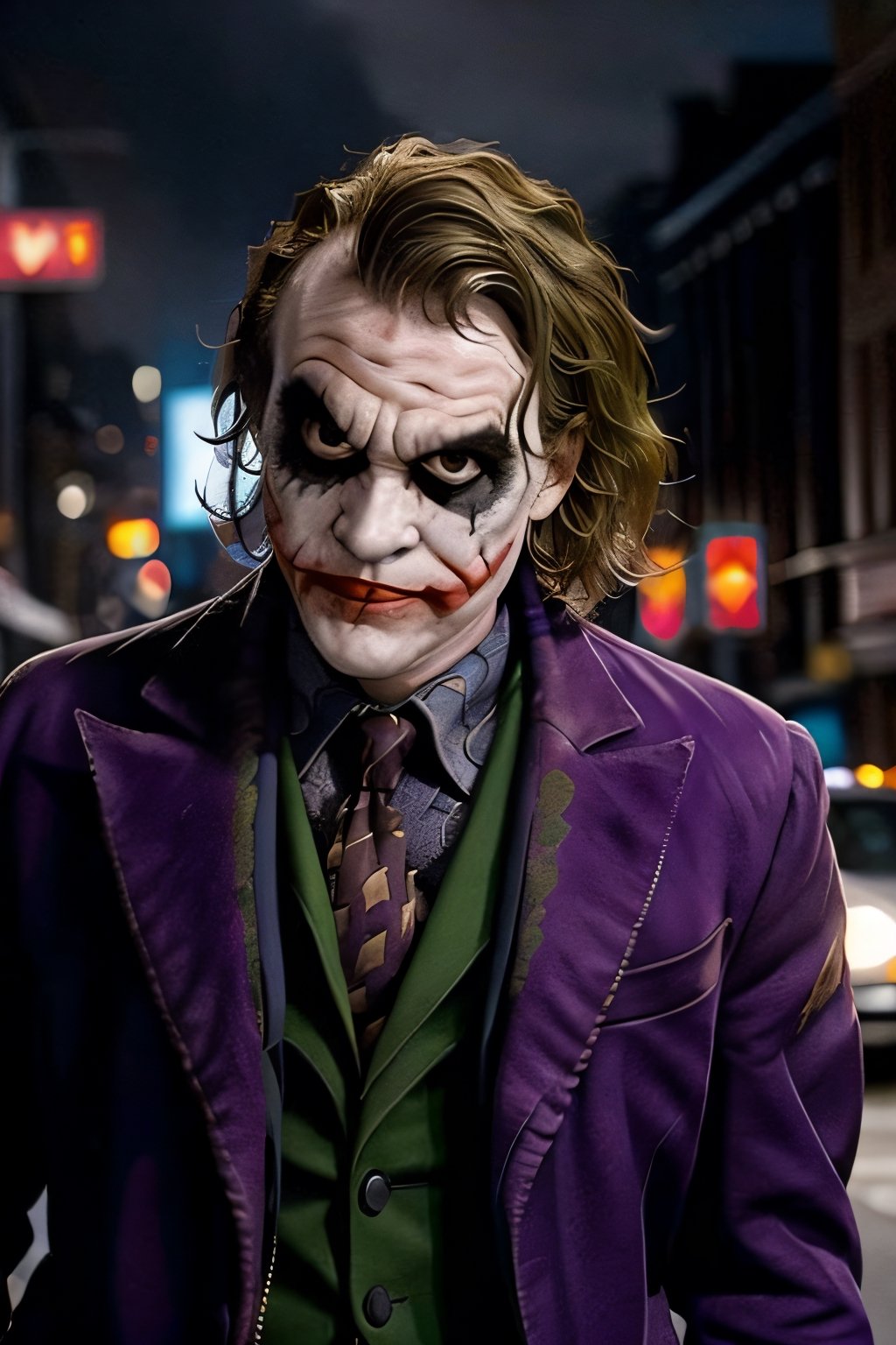 Joker and Harley Quinn, facial portrait, sexy stare, smirked, walking through the streets, gotham city, crowds, cars, cloudy sky, lightning, bats, ,CARTOON_harley_quinn_rebirth_ownwaifu