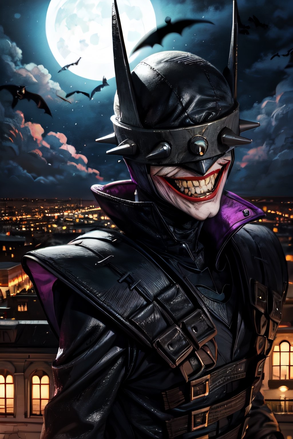 batmanwholaughs, facial portrait, on top of building, cloudy sky, city below, full moon, bats flying, from behind 