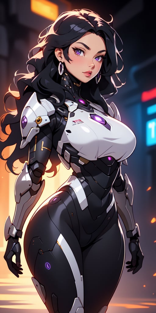 1girl, Long Hair, Midnight Black Hair, Wavy Hair, Curvy, ((Large Eyes)), Dark Violet Eyes, (Tanned), Silver_Crown, (Black_Armor), Rosy Lips
cyber_armor