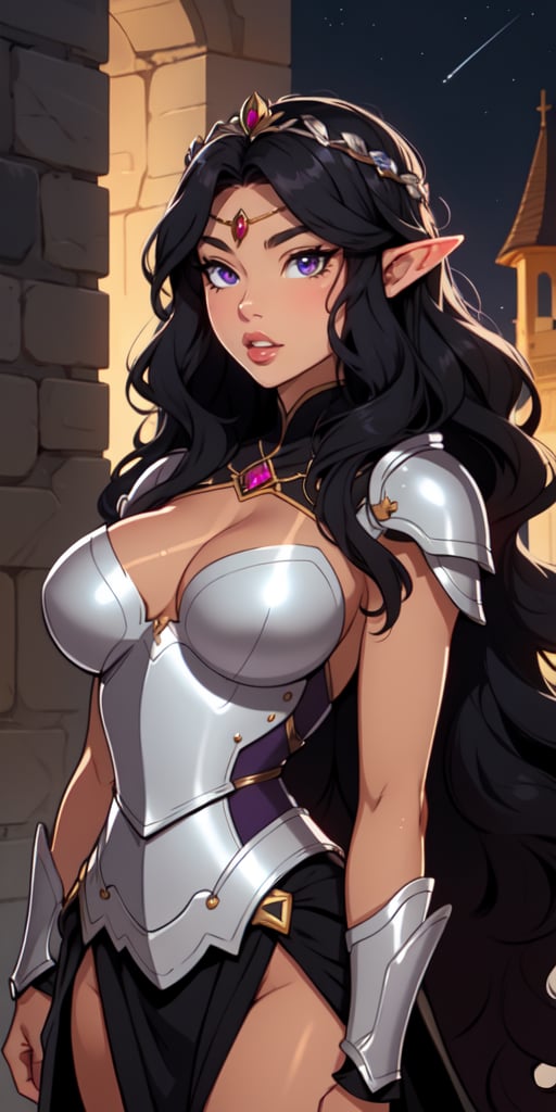 1girl, Long Hair, Midnight Black Hair, Wavy Hair, Curvy, ((Large Eyes)), Dark Violet Eyes, (Tanned), Silver_Crown, (Black_Armor), Rosy Lips
,elf_crown