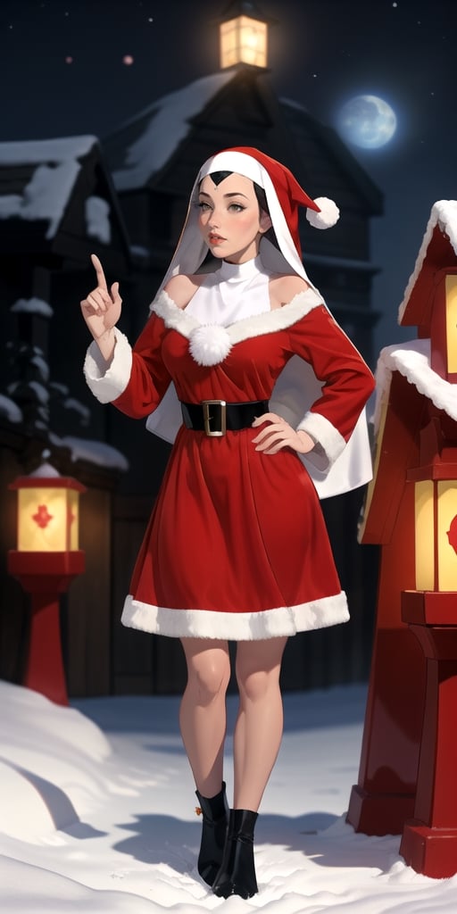 1girl, bishop, pale_skin, rosey_cheeks, stern, icey_palace, [red hair|black hair] , red_hair, ((nun)),sntdrs, red santa dress, regal, full_body, blizard