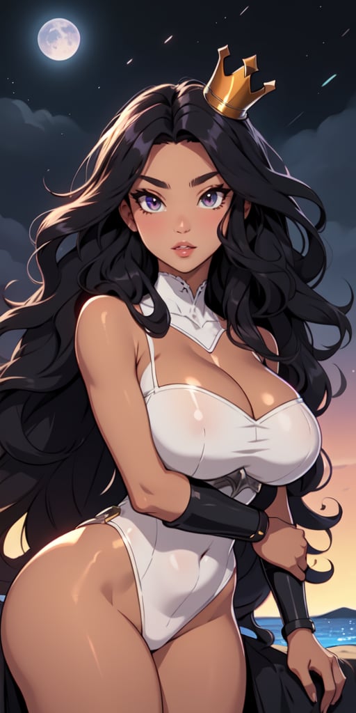 1girl, Long Hair, Midnight Black Hair, Wavy Hair, Curvy, ((Large Eyes)), Dark Violet Eyes, (Tanned), ((Silver Crown)), (Black) Armor, Rosy Lips
