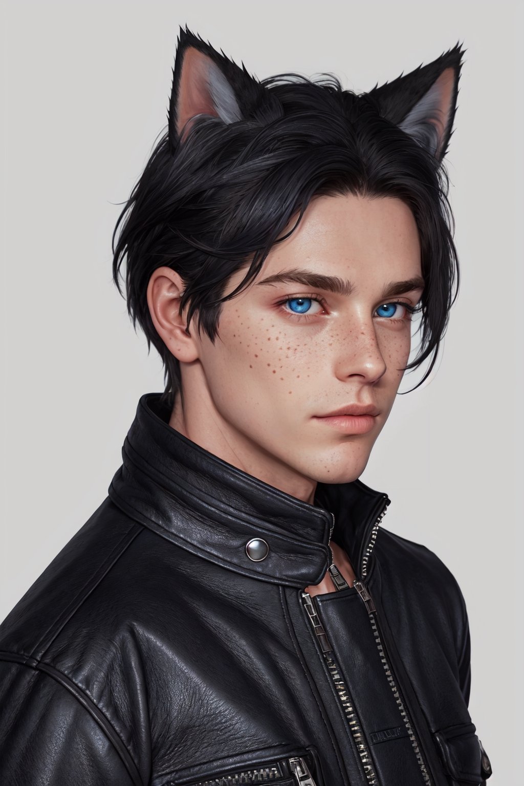 Maverick Ellis Rowe, 1boy, male focus, solo, looking at viewer, short hair, blue eyes, simple background, black hair, animal ears, jacket, cat ears, lips, zipper, freckles, realistic, nose, leather