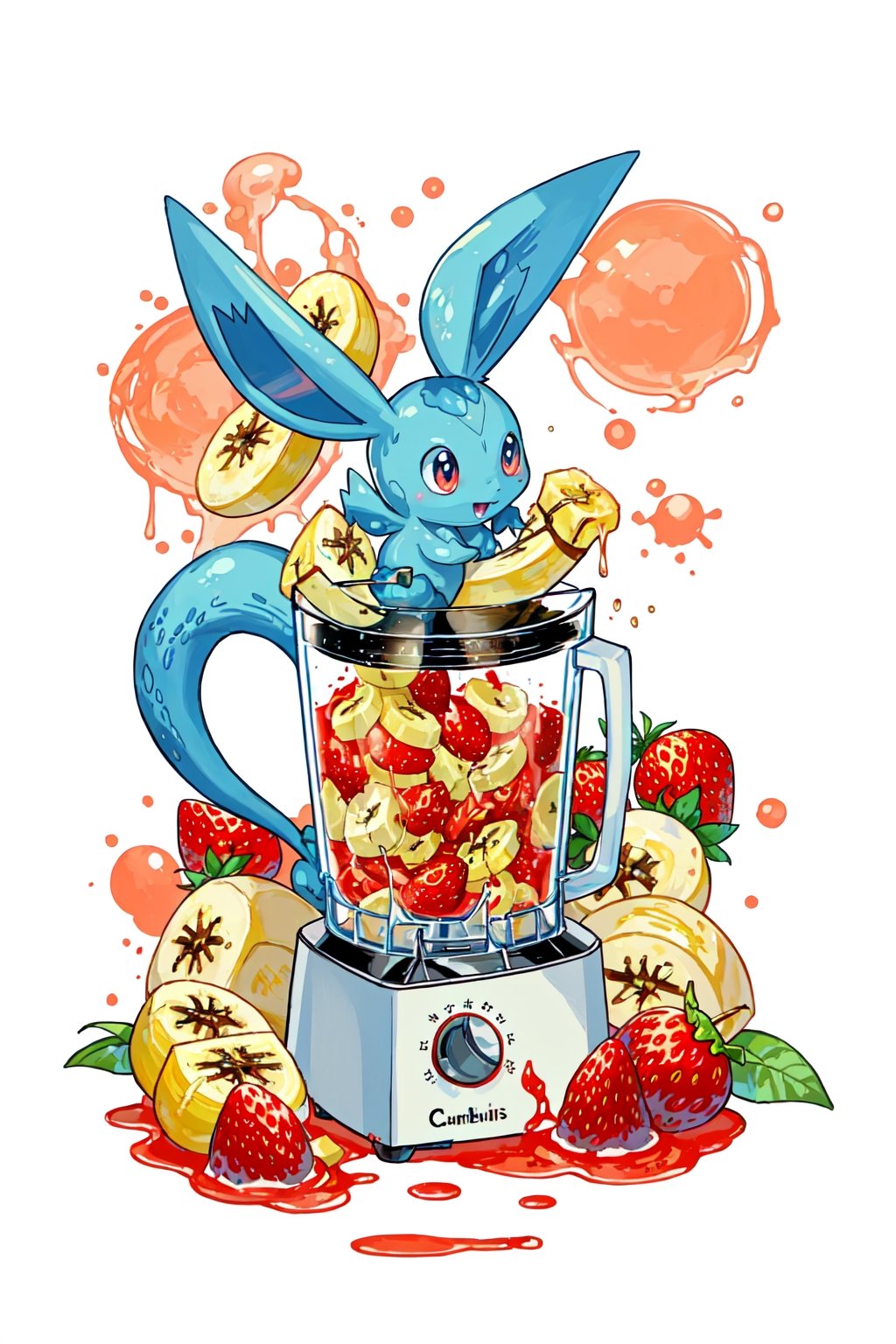 Liquified Carbuncle,pokémon creature stuck in food processor, Squirtle, strawberry, banana, peaches, water splashes, liquid splatter, ink splotches, ultra sharp, masterpiece, official art, horror scene