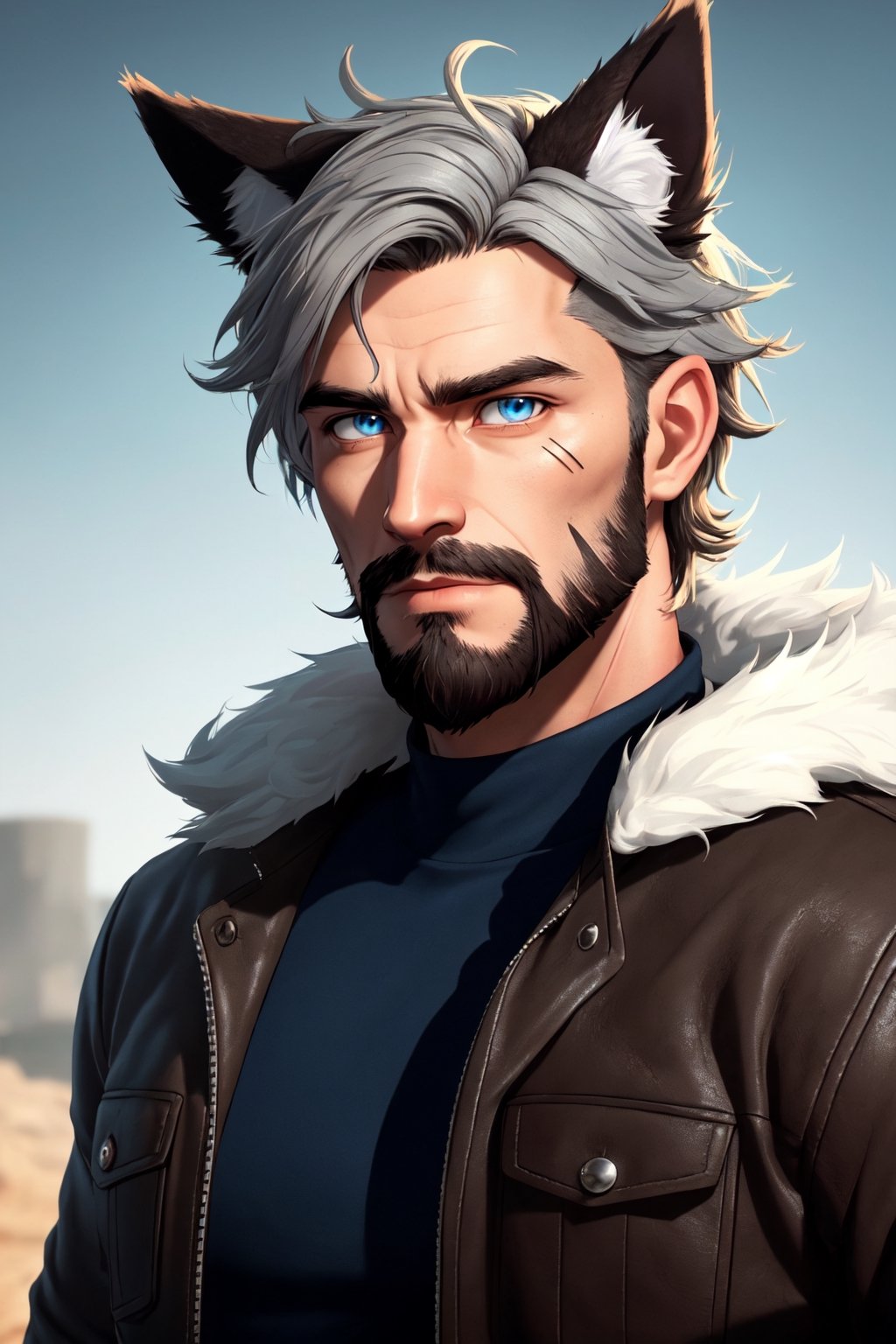 Andrew Bryant, 1boy, male focus, solo, two tone hair, grey hair, dusty brown hair, blue eyes, facial hair, beard, fox ears, silver fox vibes, gruff, dry looking skin, anthro, animal ears, animal ear fluff, furry, leather jacket with patches, detailed face, detailed eyes, detailed hair, tonemapping, ultra sharp, extremely detailed, side lighting, rim lighting, specular highlights,