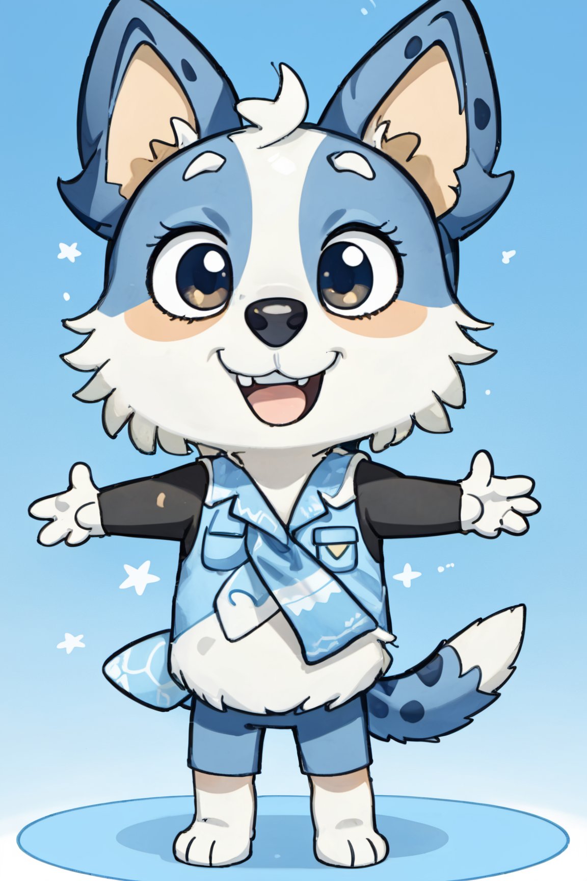 Bluey Style, Bluey Irwin Chibi, blue heeler, two-tone fur,   blue fur, white fur, solo, looking at viewer, smile, open mouth, simple background, 1girl, animal ears, standing, tail, full body, black eyes, arms up, blue background, happy, outstretched arms, furry, furry girl, body fur, animal nose, 