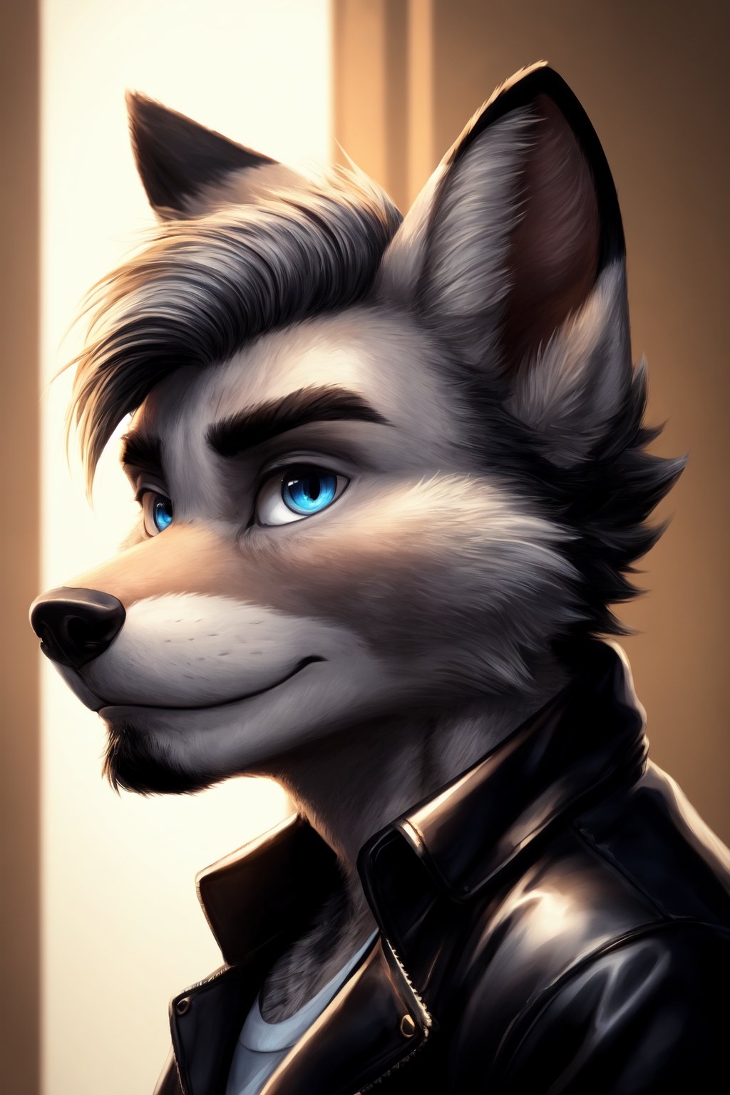 Andrew Bryant, 1boy, male focus, solo, two tone hair, grey hair, dusty brown hair, blue eyes, facial hair, beard, fox ears, silver fox vibes, gruff, dry looking skin, anthro, animal ears, animal ear fluff, furry, leather jacket with patches, detailed face, detailed eyes, detailed hair, tonemapping, ultra sharp, extremely detailed, side lighting, rim lighting, specular highlights,