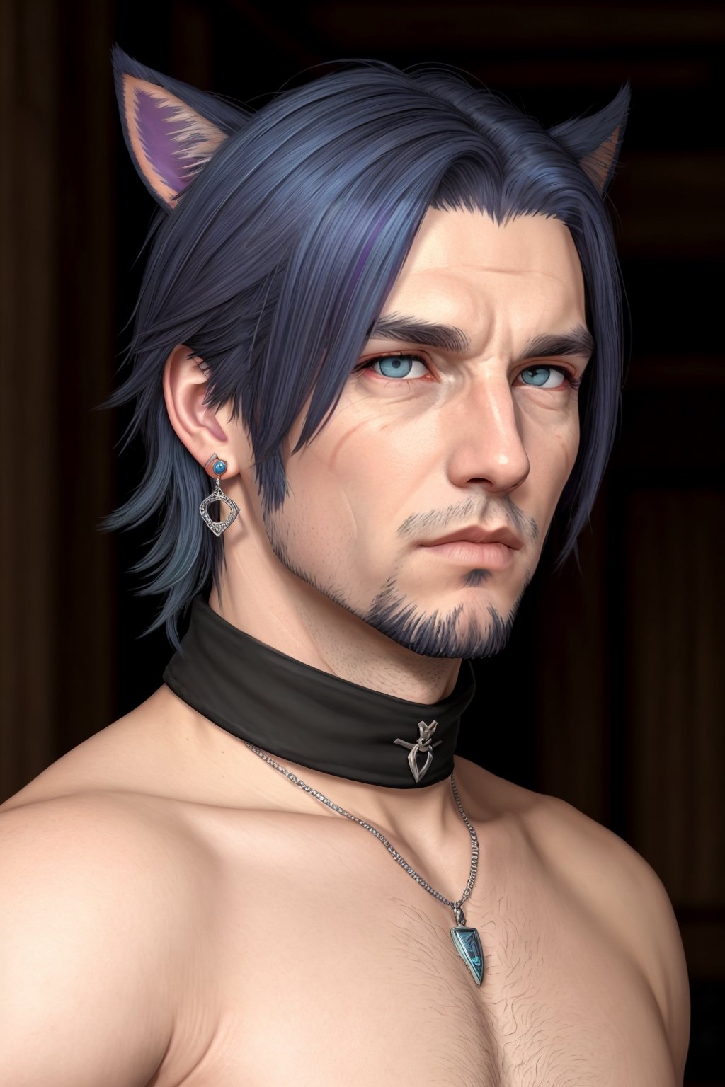 Khit'li L'ocar, beard, blue eyes, blue hair, purple hair, stubble, cat boy, closed mouth, earrings, facial hair, jewelry, looking at viewer, multicolored hair, portrait, red eyes 