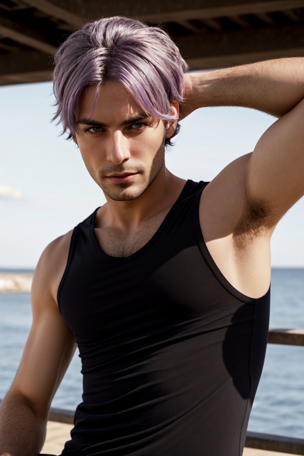 solo, 1boy, male focus, light purple hair,  green eyes, stubble, goatee, dark skinned male, dark skin, lips, shirt, tank top, hyur, specular highlights, gradient, dynamic pose,