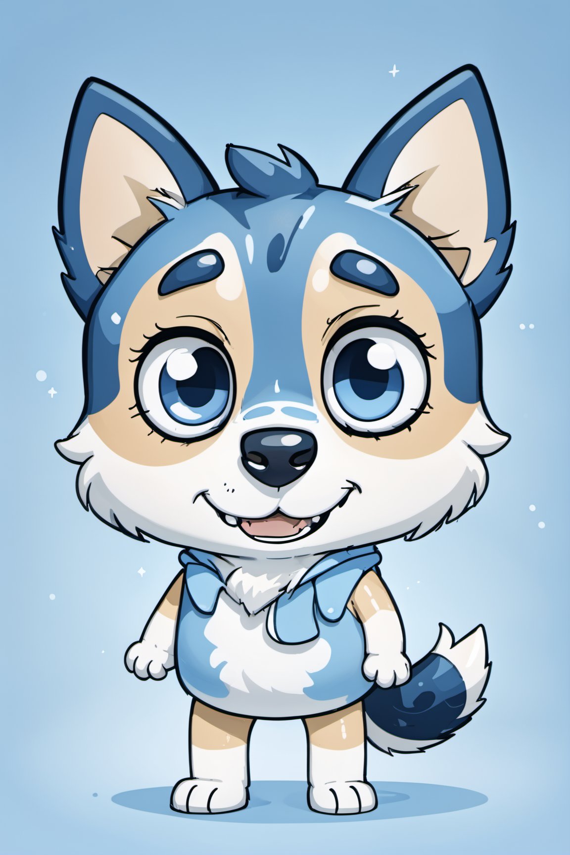 Bluey Style, Bluey Irwin Chibi, blue heeler, two-tone fur,   blue fur, white fur, solo, looking at viewer, smile, open mouth, simple background, 1boy, animal ears, standing, tail, full body, male focus, black eyes, arms up, blue background, happy, outstretched arms, furry, furry male, body fur, animal nose, 