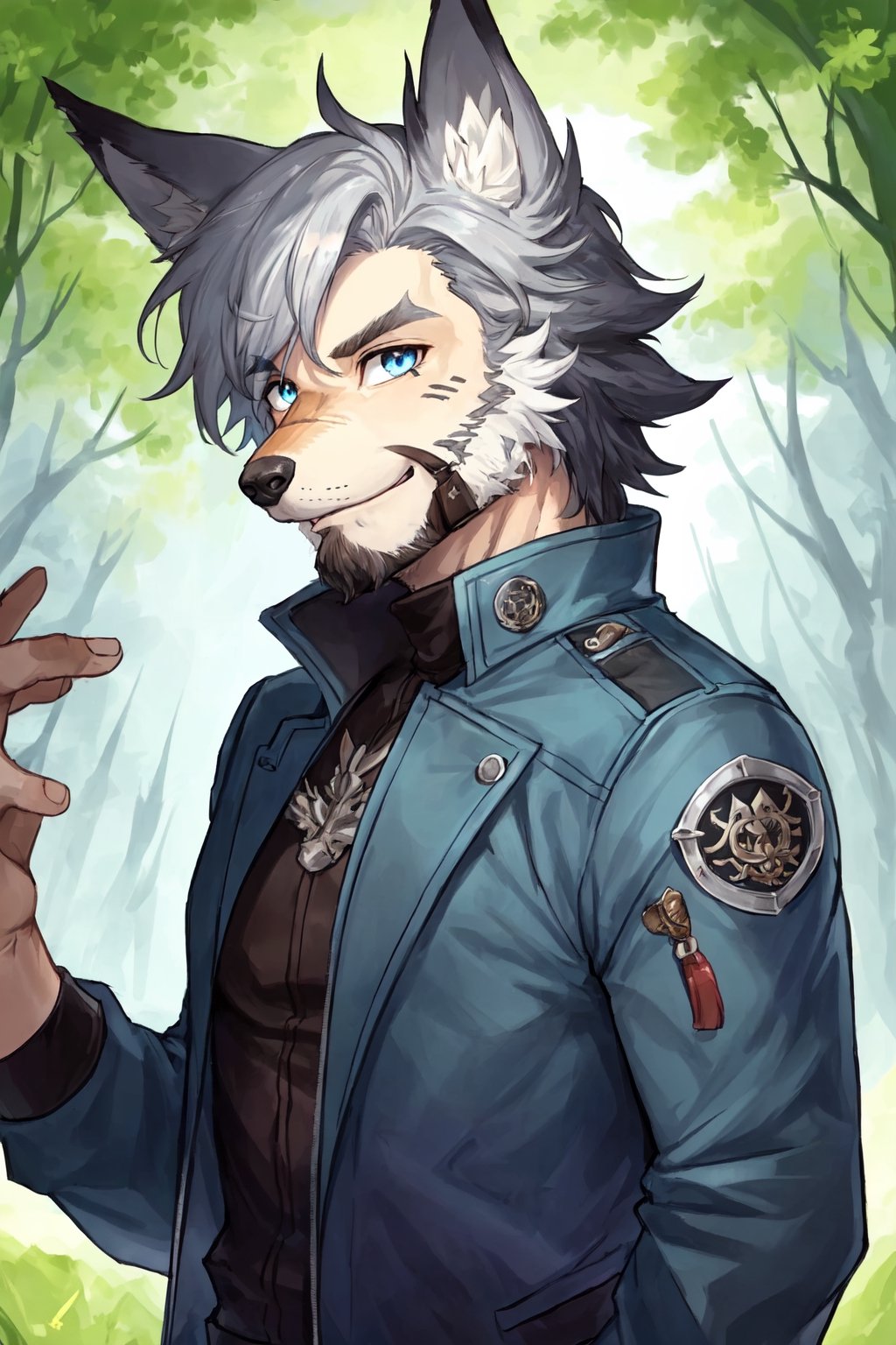 Andrew Bryant, 1boy, male focus, solo, two tone hair, grey hair, dusty brown hair, blue eyes, facial hair, beard, fox ears, silver fox vibes, gruff, dry looking skin, anthro, animal ears, animal ear fluff, furry, leather jacket with patches, detailed face, detailed eyes, detailed hair, tonemapping, ultra sharp, extremely detailed, side lighting, rim lighting, specular highlights,realistic