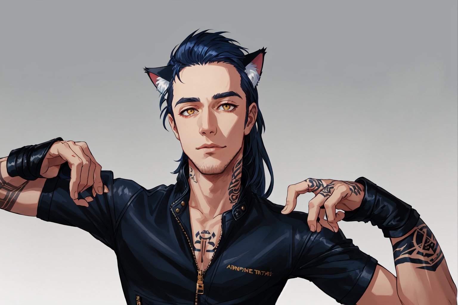 1boy, male focus, long hair, fluffy hair,   navy blue hair, cat ears, animal ears, animal ear fluff, gold eyes, leather jacket, tshirt, portrait, upper body, tattoos, anarchist vibes, clean shaven