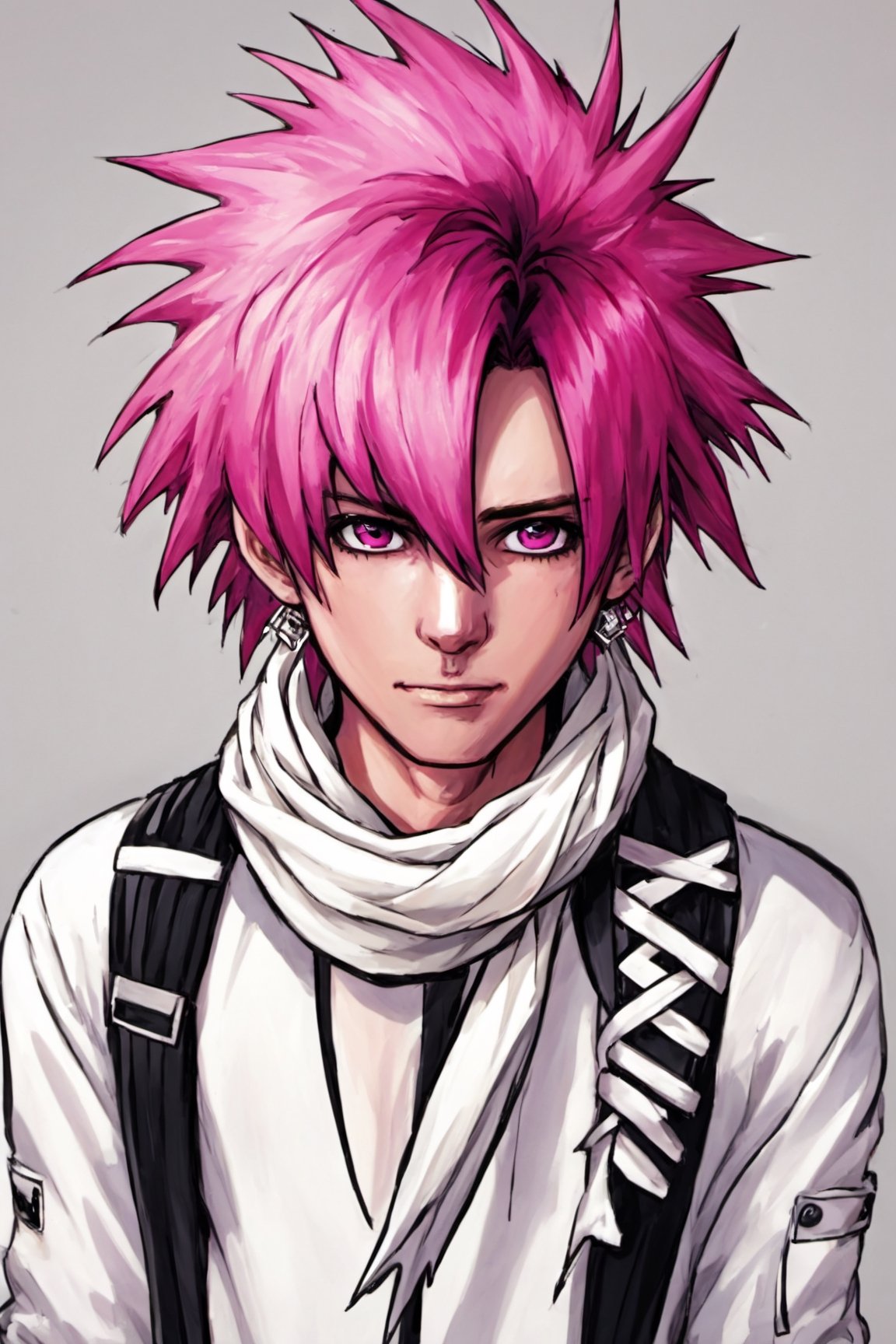 Consume Prilosec, solo, 1boy, pink hair, male focus, scarf,  spiked hair, white scarf, jumpsuit