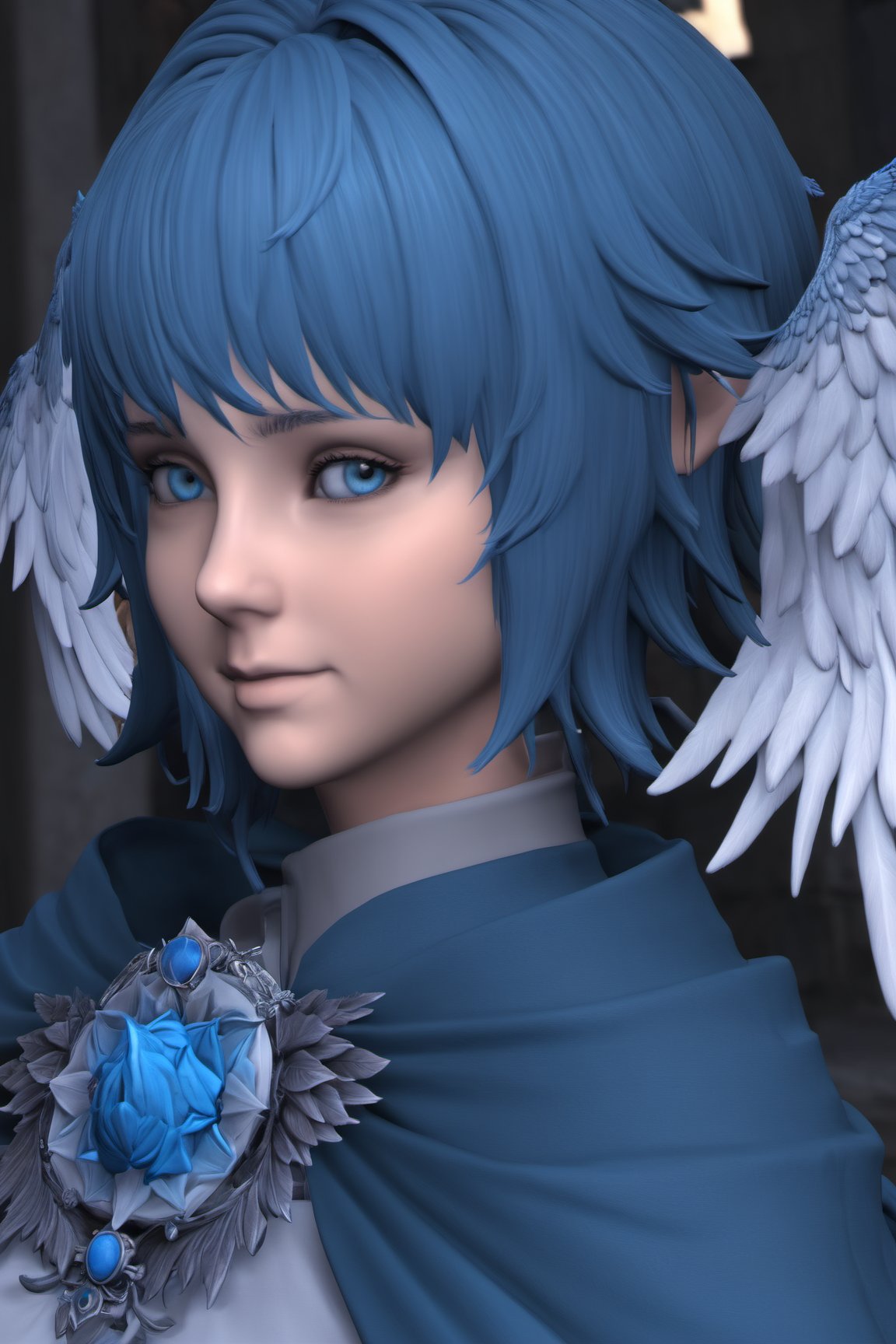 Meteion 1girl, solo, solo focus, looking at viewer, smile, short hair, bangs, blue eyes, jewelry, blue hair, wings, capelet, head wings, brooch, portrait, feathered wings, bird wings, blue capelet, bird girl