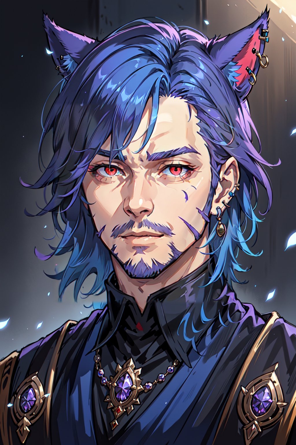 Khit'li L'ocar, beard, blue eyes, blue hair, purple hair, stubble, cat boy, closed mouth, earrings, facial hair, jewelry, looking at viewer, multicolored hair, portrait, red eyes, realistic