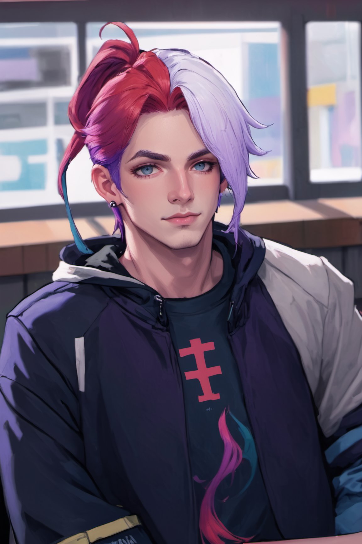 1boy, male focus, pale skin, american, long hair, fluffy hair, two tone hair, purple hair, multicolored hair, red hair, navy blue hair, hooded jacket, tshirt, portrait, upper body, tattoos, anarchist vibes, clean shaven