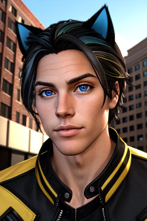 Maverick Ellis Rowe, blue eyes, solo, cat ears, animal ears, short hair, black hair, yellow jacket,outdoors, pride theme, rainbows, parade, black dress, specular highlights, side lighting, detailed face, detailed eyes, wide shot, dynamic lighting, dynamic angle