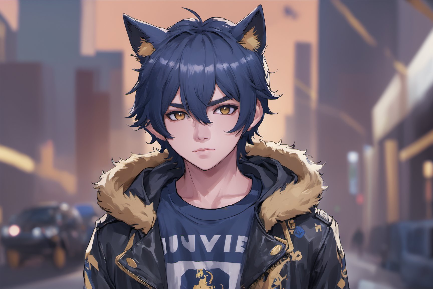 1boy, male focus, american, long hair, fluffy hair, navy blue hair, cat ears, animal ears, animal ear fluff, gold eyes, leather jacket, tshirt, portrait, upper body, tattoos, anarchist vibes, clean shaven