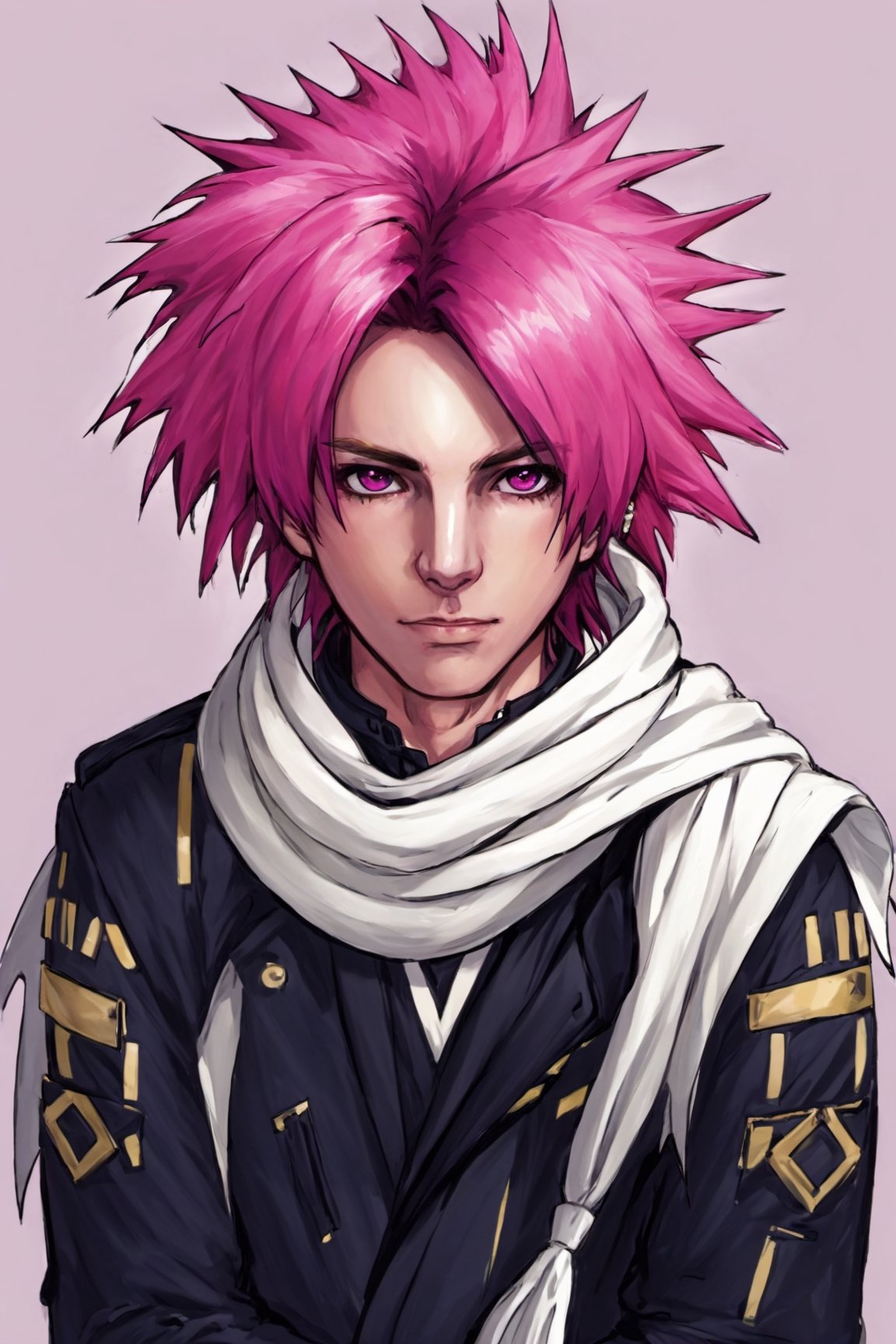 Consume Prilosec, solo, 1boy, pink hair, male focus, scarf,  spiked hair, white scarf, jumpsuit