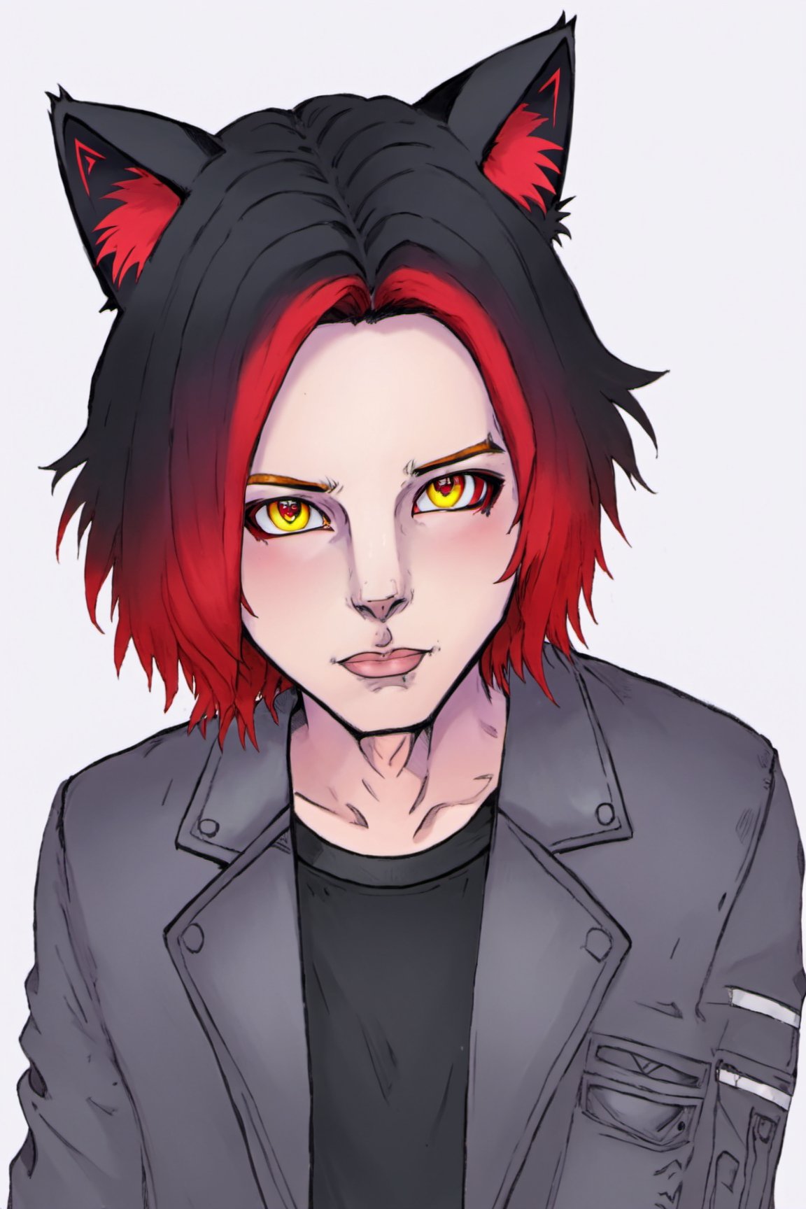 Consume Prilosec, solo, looking at viewer, simple background, shirt, black hair, red eyes, 1boy, white background, animal ears, jacket, yellow eyes, male focus, red hair, multicolored hair, cat ears, mole, two-tone hair, black shirt, gradient hair, heterochromia, masterpiece, official art,