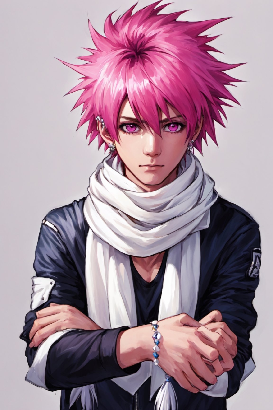 Consume Prilosec, solo, 1boy, pink hair, male focus, scarf,  spiked hair, white scarf, jumpsuit