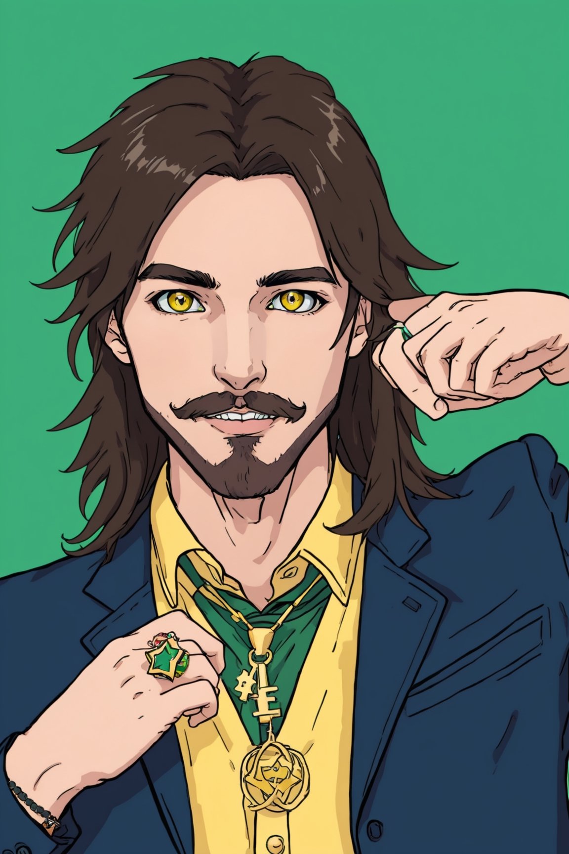 Consume Prilosec, solo, long hair, looking at viewer, smile, simple background, shirt, black hair, 1boy, brown eyes, jewelry, jacket, yellow eyes, upper body, male focus, necktie, teeth, hand up, necklace, star (symbol), vest, black jacket, facial hair, ring, wristband, beard, green background, cropped torso, moustache