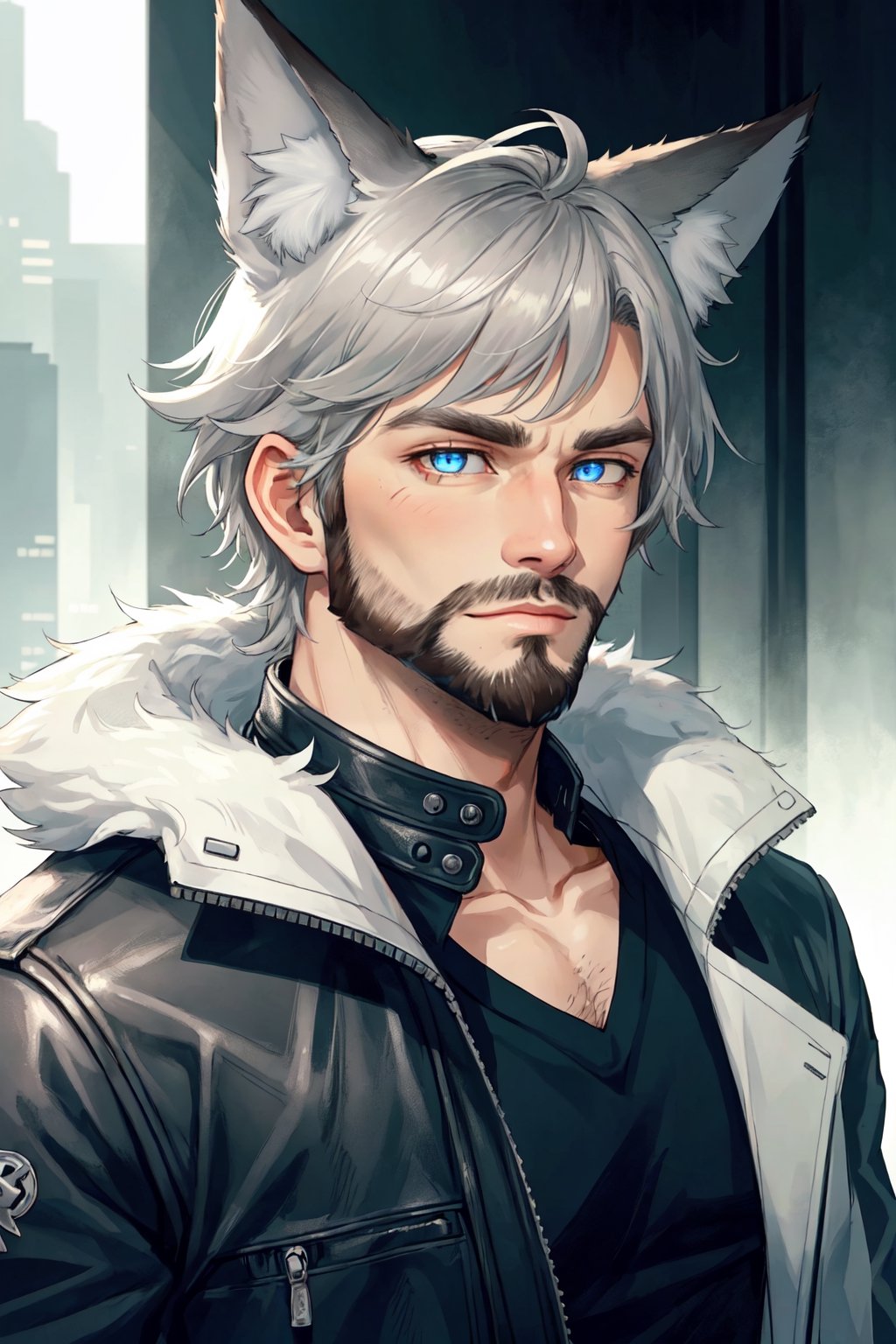 Andrew Bryant, 1boy, male focus, solo, two tone hair, grey hair, dusty brown hair, blue eyes, facial hair, beard, fox ears, silver fox vibes, gruff, dry looking skin, anthro, animal ears, animal ear fluff, furry, leather jacket with patches, detailed face, detailed eyes, detailed hair, tonemapping, ultra sharp, extremely detailed, side lighting, rim lighting, specular highlights,