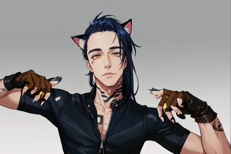 1boy, male focus, long hair, fluffy hair,   navy blue hair, cat ears, animal ears, animal ear fluff, gold eyes, leather jacket, tshirt, portrait, upper body, body tattoos,clawed gloves, clean shaven