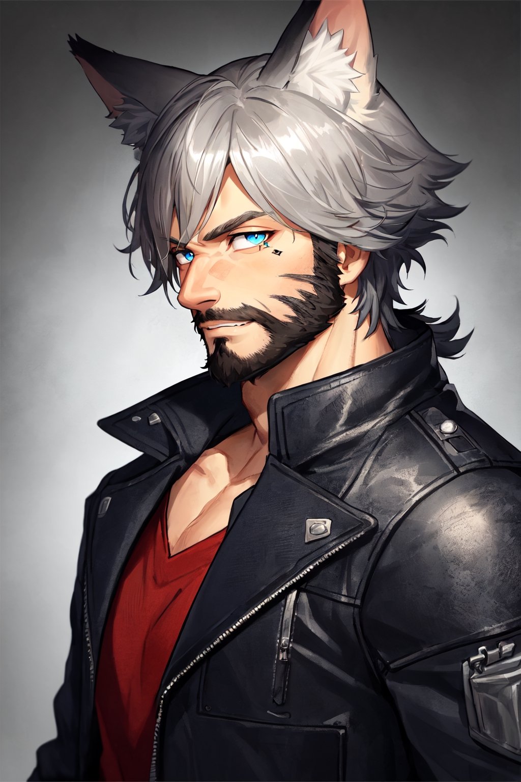 Andrew Bryant, 1boy, male focus, solo, two tone hair, grey hair, dusty brown hair, blue eyes, facial hair, beard, fox ears, silver fox vibes, gruff, dry looking skin, anthro, animal ears, animal ear fluff, furry, leather jacket with patches, detailed face, detailed eyes, detailed hair, tonemapping, ultra sharp, extremely detailed, side lighting, rim lighting, specular highlights,