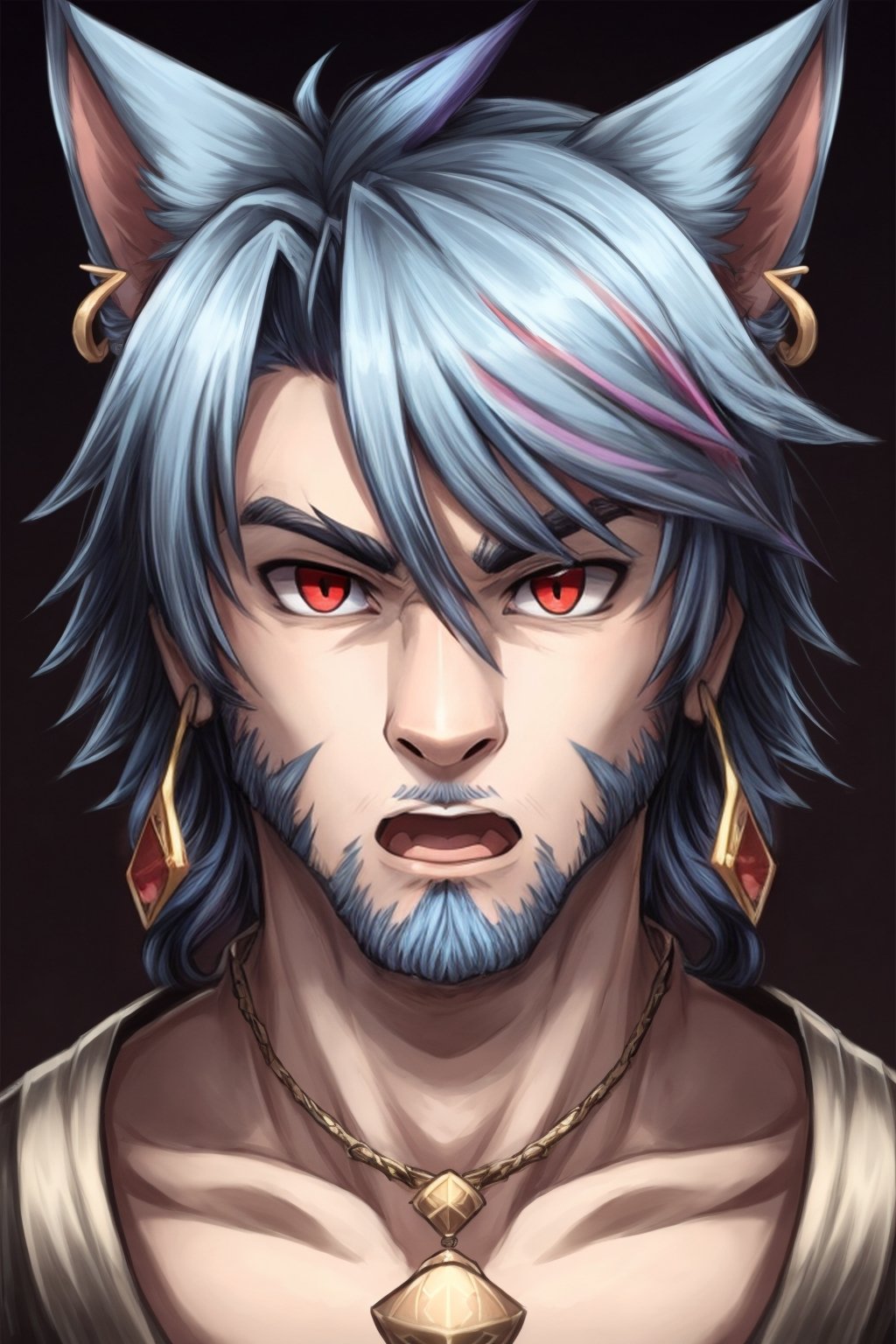 Khit'li L'ocar, beard, blue eyes, blue hair, purple hair, stubble, cat boy, closed mouth, earrings, facial hair, jewelry, looking at viewer, multicolored hair, portrait, red eyes 