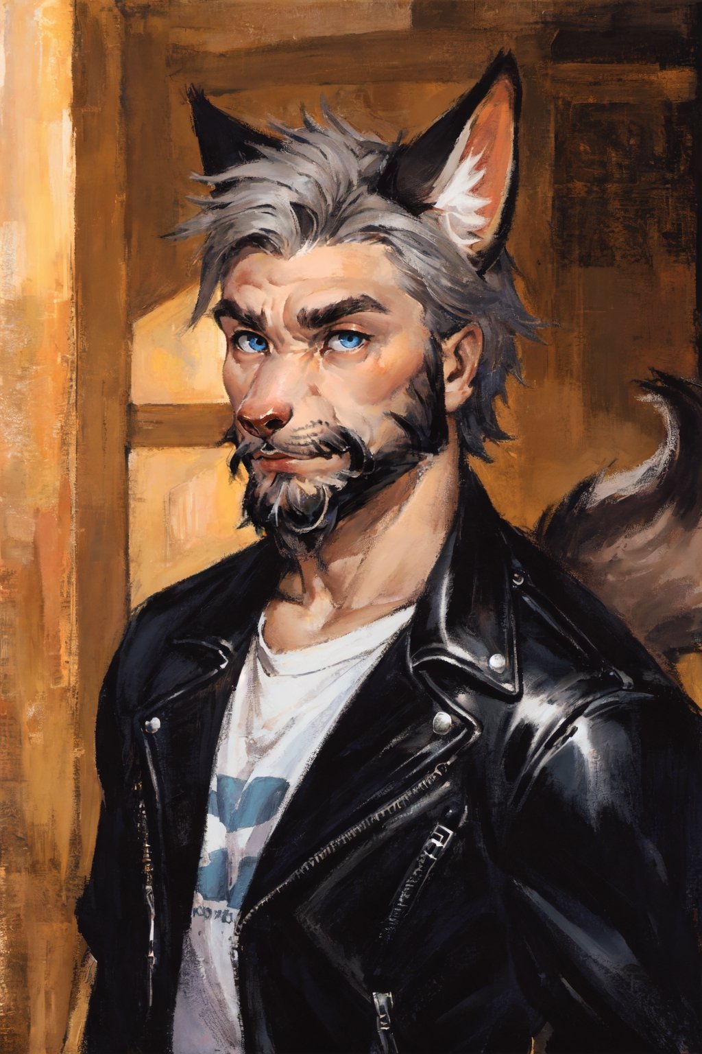 Andrew Bryant, 1boy, male focus, solo, two tone hair, grey hair, dusty brown hair, blue eyes, facial hair, beard, fox ears, silver fox vibes, gruff, dry looking skin, anthro, animal ears, animal ear fluff, furry, leather jacket with patches, detailed face, detailed eyes, detailed hair, tonemapping, ultra sharp, extremely detailed, side lighting, rim lighting, specular highlights,realistic