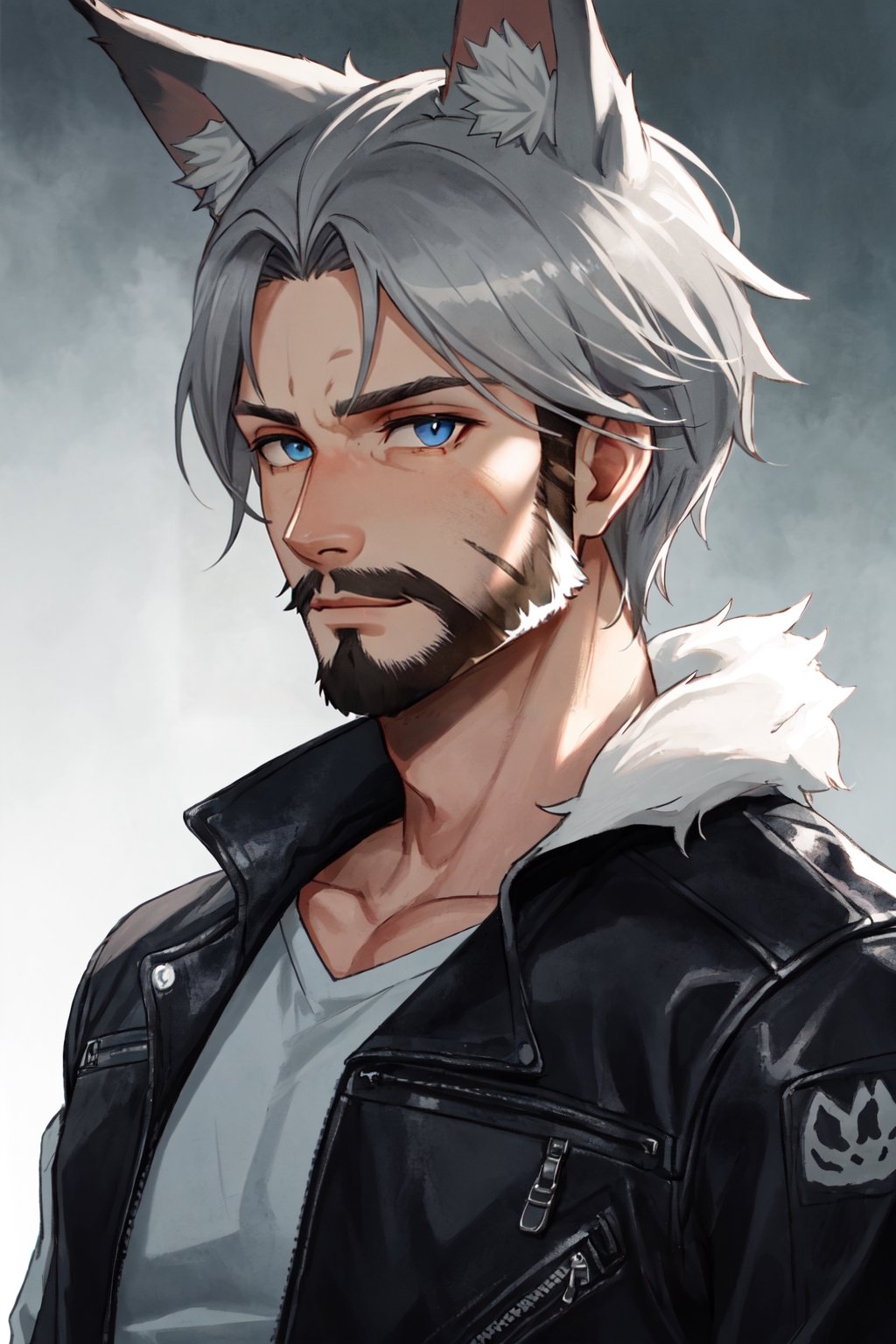 Andrew Bryant, 1boy, male focus, solo, two tone hair, grey hair, dusty brown hair, blue eyes, facial hair, beard, fox ears, silver fox vibes, gruff, dry looking skin, anthro, animal ears, animal ear fluff, furry, leather jacket with patches, detailed face, detailed eyes, detailed hair, tonemapping, ultra sharp, extremely detailed, side lighting, rim lighting, specular highlights,