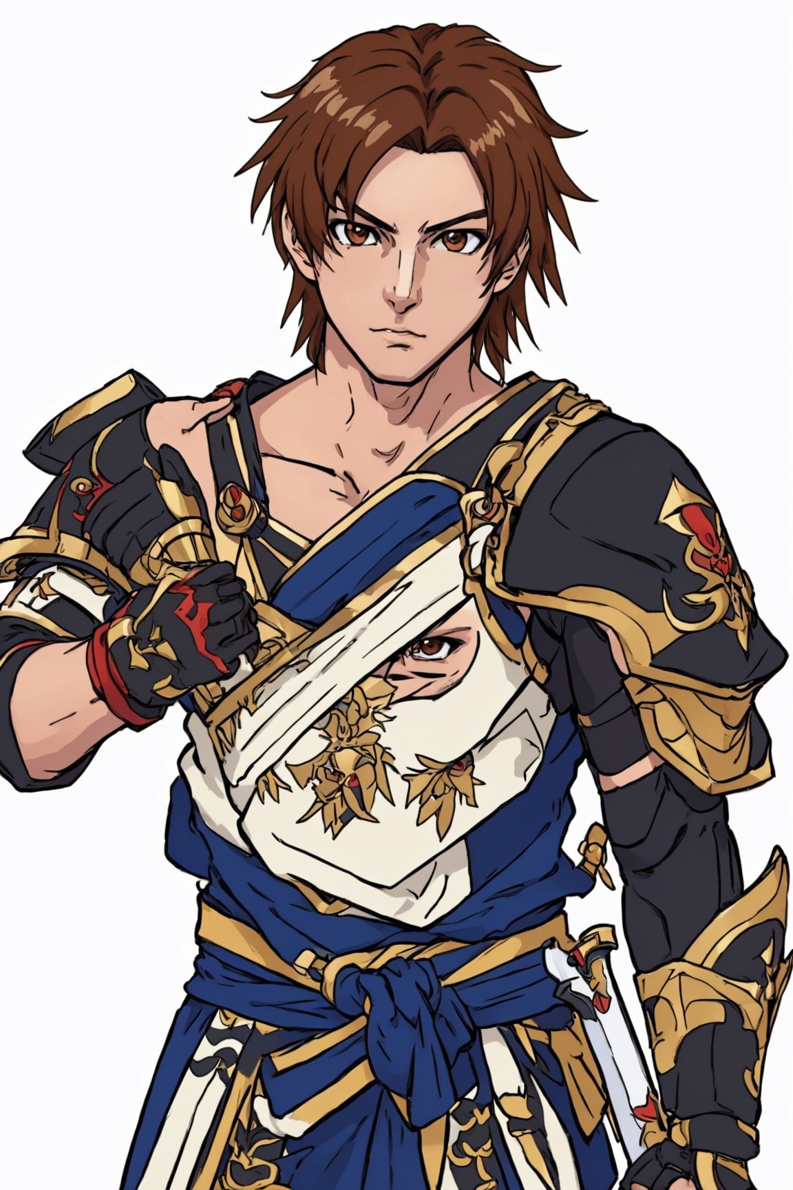 Consume Prilosec, solo, looking at viewer, simple background, brown hair, gloves, 1boy, white background, brown eyes, closed mouth, weapon, male focus, japanese clothes, sword, signature, off shoulder, armor, facial hair, stubble, japanese armor, single bare shoulder, masterpiece, official art