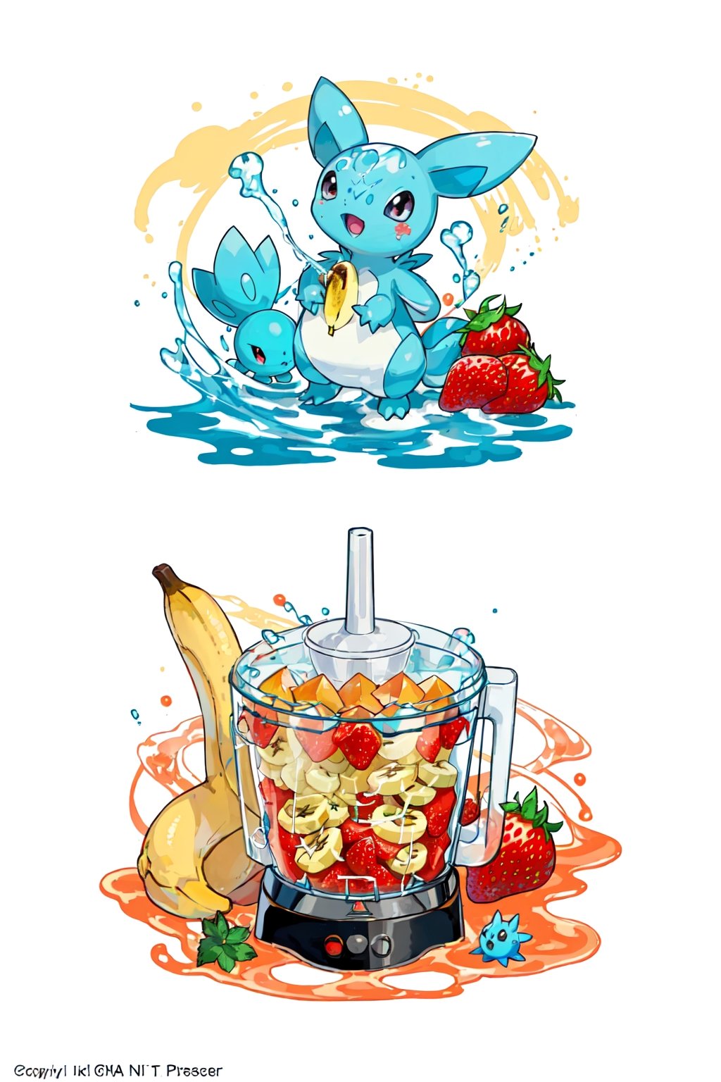 Liquified Carbuncle,pokémon creature stuck in food processor, Squirtle, strawberry, banana, peaches, water splashes, liquid splatter, ink splotches, ultra sharp, masterpiece, official art, horror scene